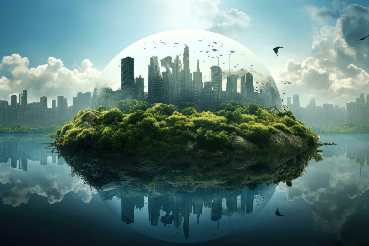Green planet with cityscape and skyscrapers in the background, Pollution of the environment. Pollution of the environment concept, AI Generated photo
