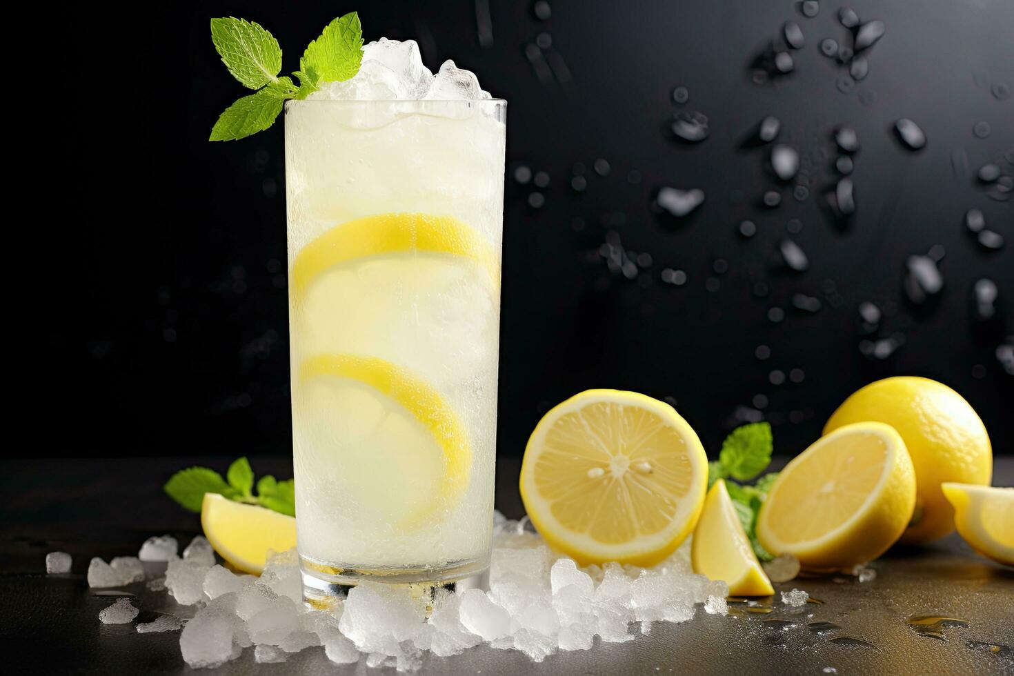Lemonade with ice and lemon slices on a black background, Quench your thirst with a revitalizing lemon ice refresher, a perfect summer drink in a tall glass with sparkling water, AI Generated photo