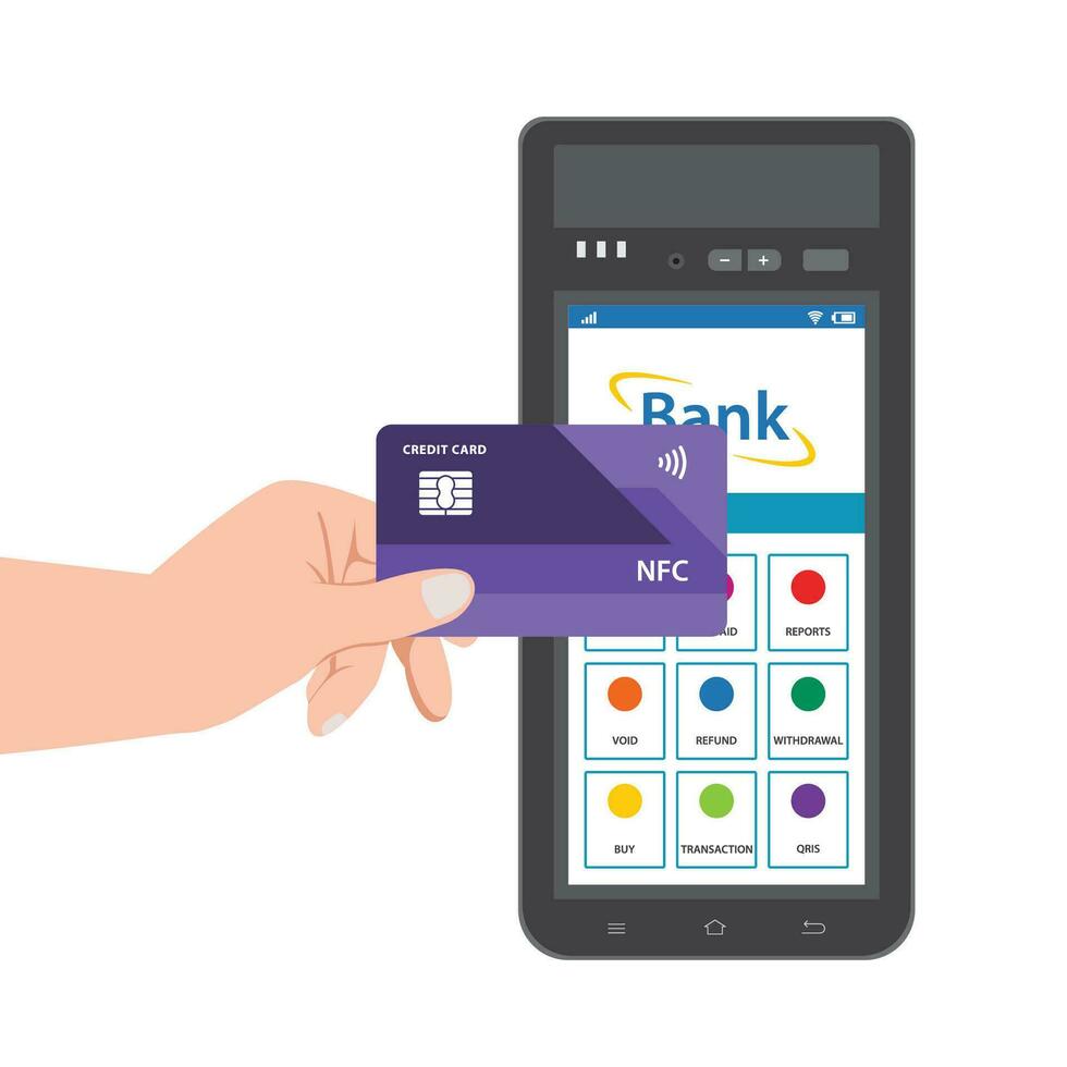 Contactless payment hand holding credit card near terminal machine vector