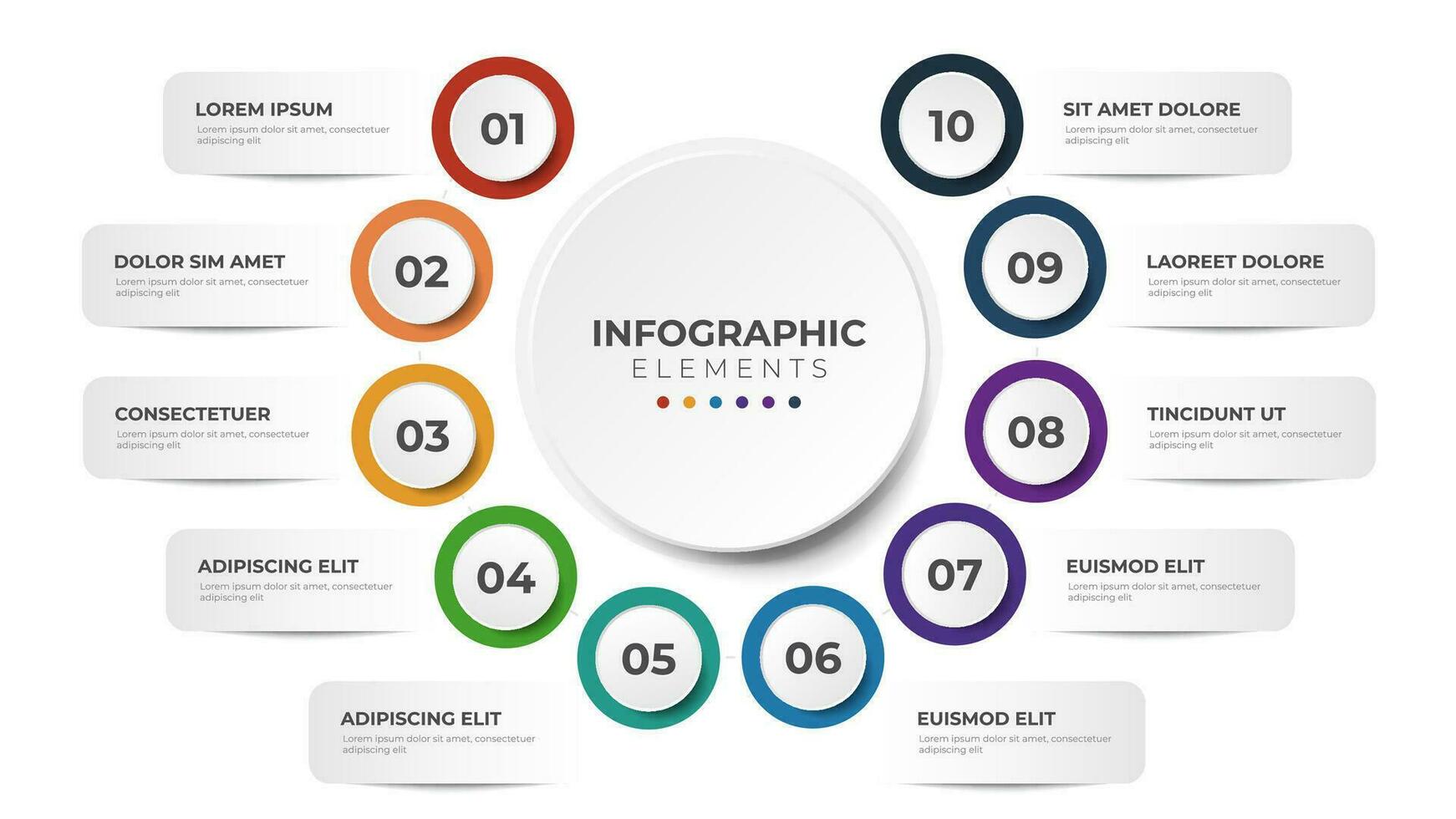 10 list of steps, circular layout diagram with number of sequence, infographic element template vector