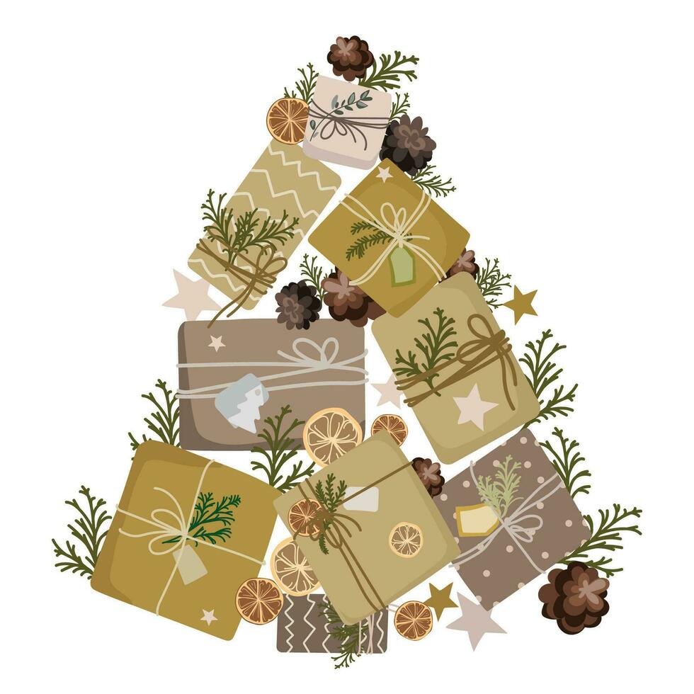 Navidad árbol hecho desde Navidad regalo cajas vector ilustración en un blanco fondo.artesanía regalo cajas en el forma de un pino arbol.diseño elemento o antecedentes para fiesta diseño, impresión, tarjeta