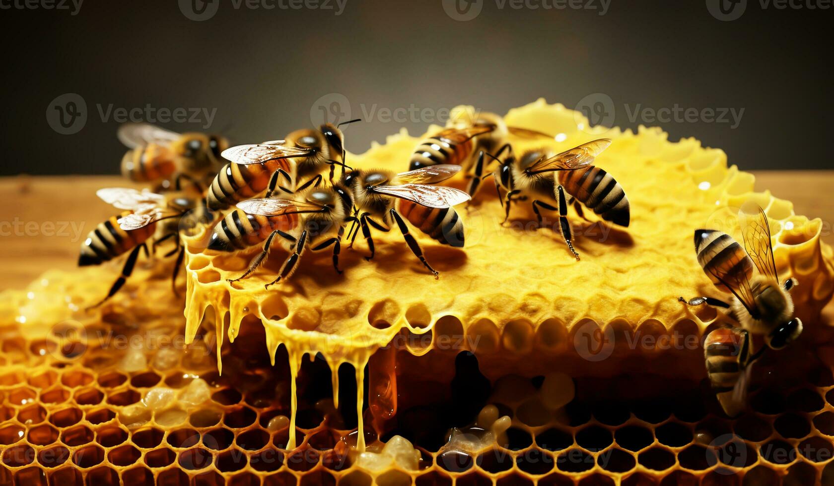 Detail of bees in honeycombs. AI generated photo