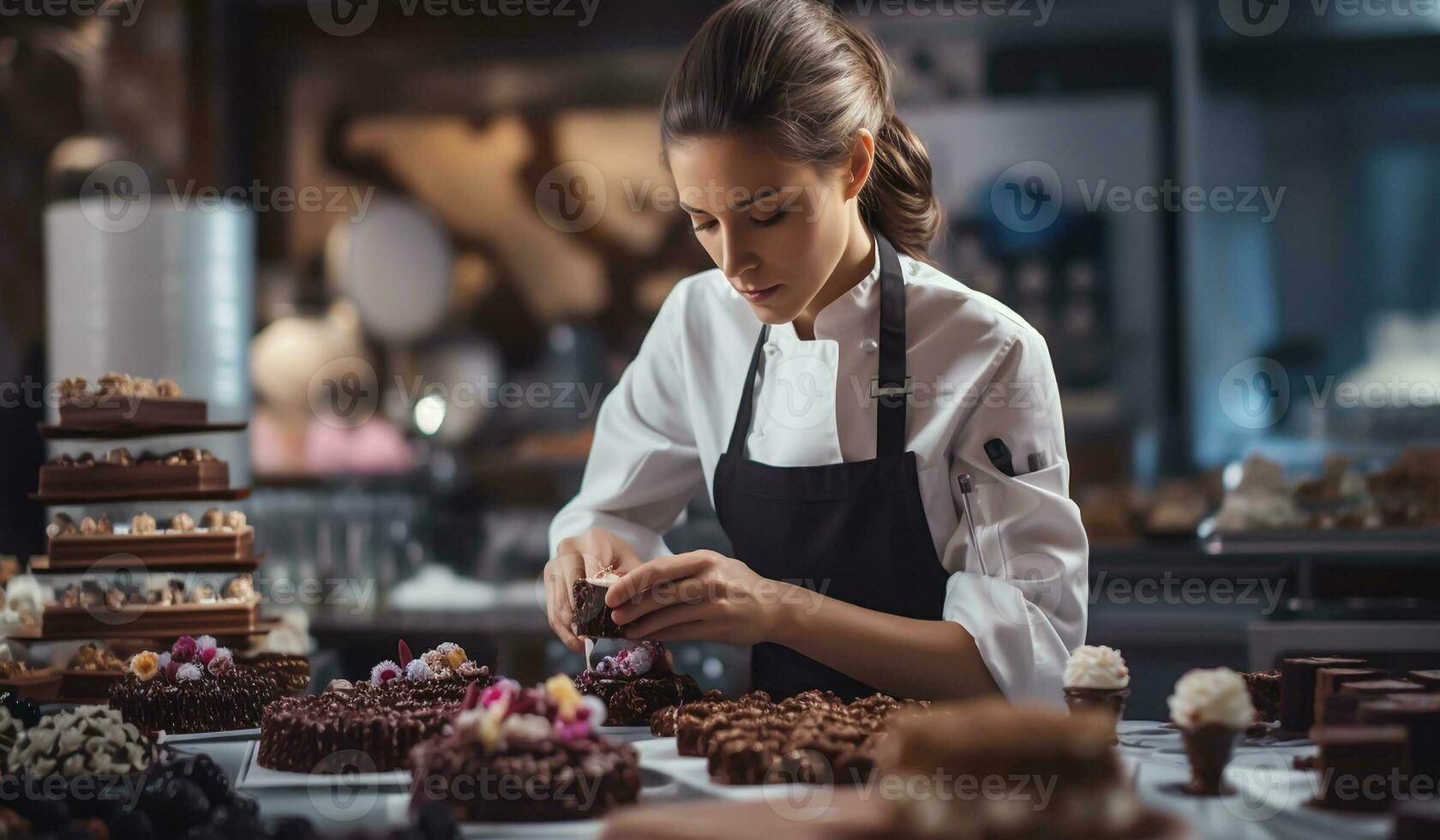 Chef preparing meals in the kitchen. Eat time. AI generated photo