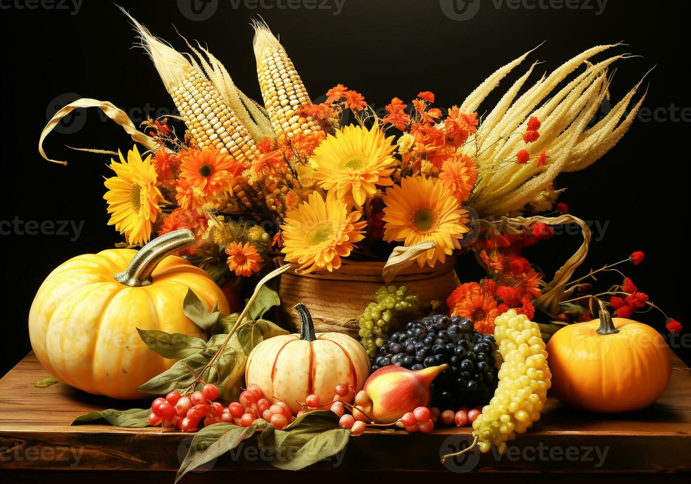Autumn still life with pumpkins and flowers. AI generated photo