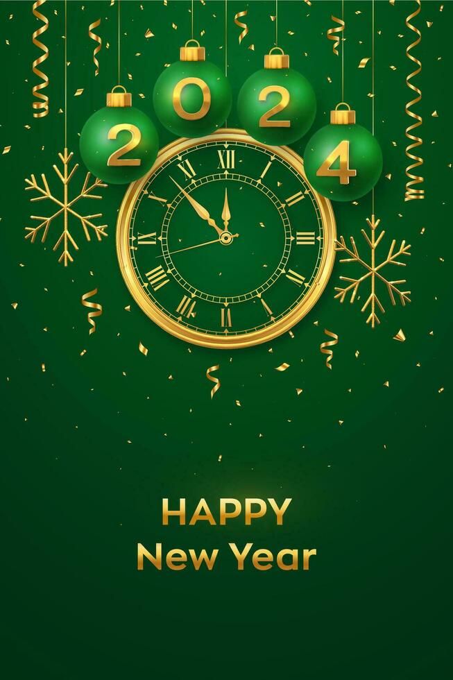 Happy New Year 2024. Hanging green Christmas bauble balls with realistic gold 3d numbers 2024 and snowflakes. Watch with Roman numeral and countdown midnight eve for New Year. Merry Christmas. Vector. vector