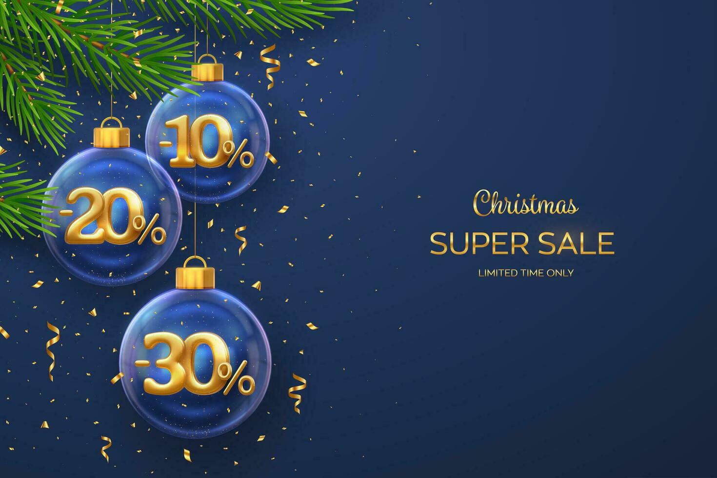 Christmas sale banner. 10, 20, 30 percent Off discount promotion. Realistic golden 10, 20, 30 numbers in a transparent glass balls on blue background. Advertising poster, flyer. Vector illustration.