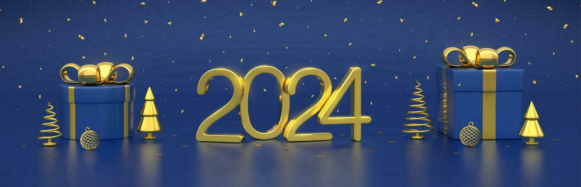 contento nuevo 2024 año. 3d dorado metálico números 2024 con regalo cajas, oro metálico cono forma pino, abeto árboles, pelotas, papel picado en azul antecedentes. Navidad bandera, encabezamiento, pie de página. vector ilustración.