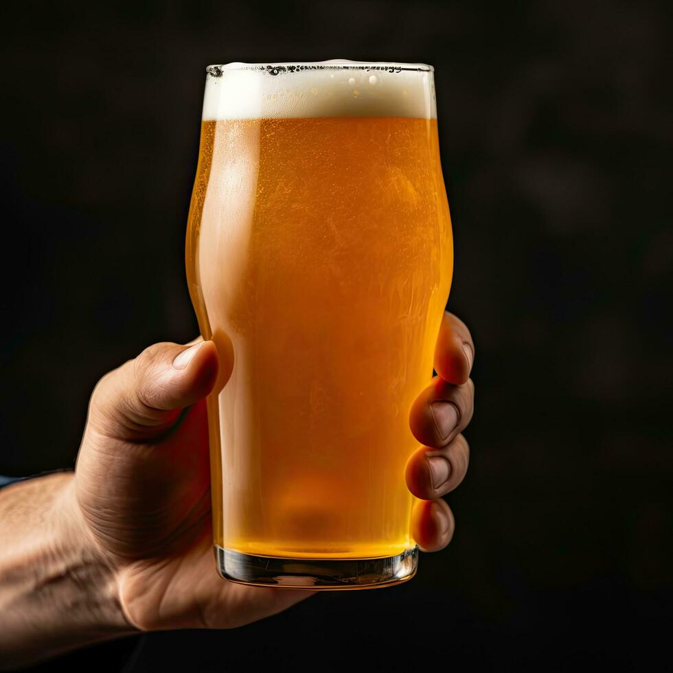 AI Generated Hand holding a glass of beer photo