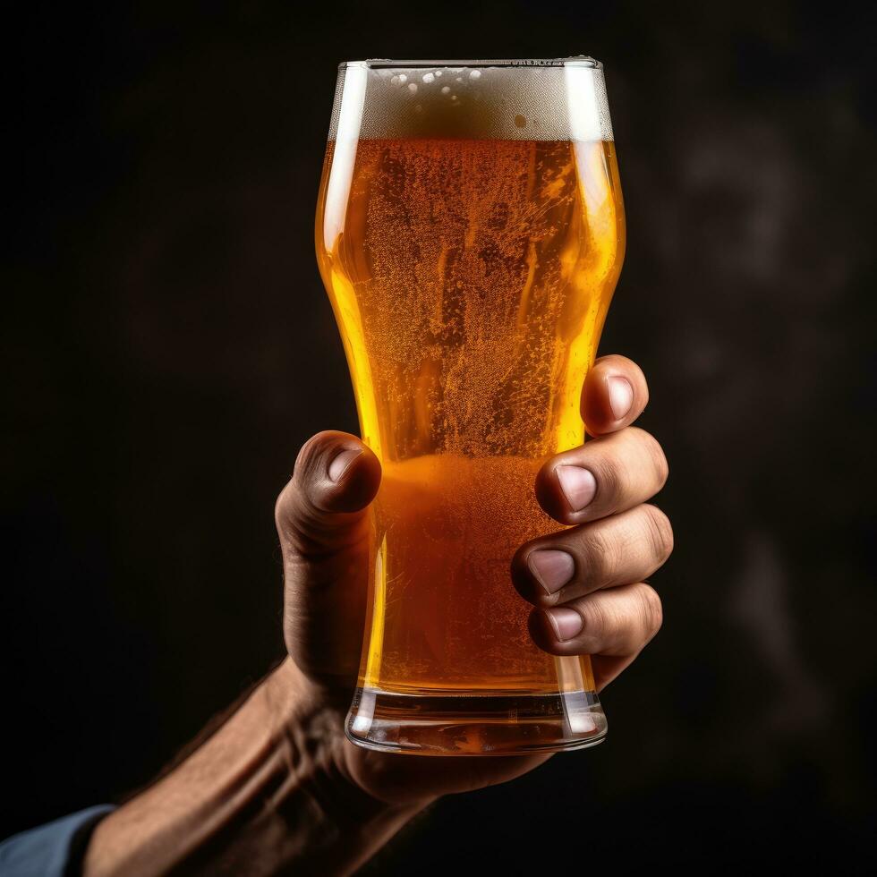 ai generado mano participación un vaso de cerveza foto