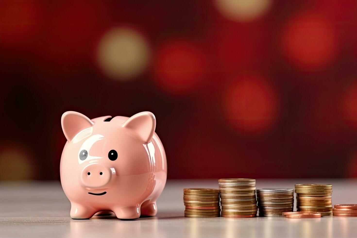 AI Generated Pig piggy bank and coins lined up photo