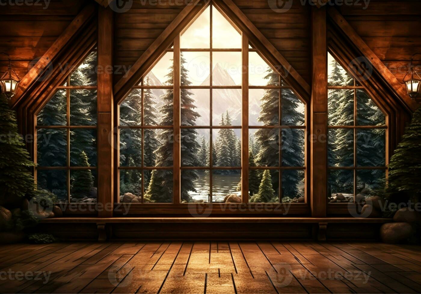 rústico de madera cabina, con grande ventanas ese permitir usted a ver el bosque paisaje. ai generado foto