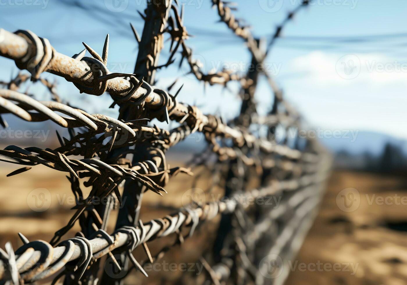 Closeup of fence with barbed wire. AI generated photo