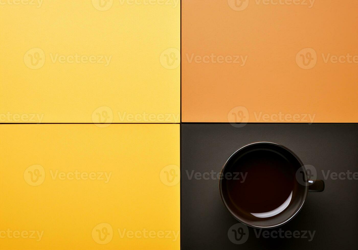 Black coffee cup on a yellow background. Minimalist concept. Viewed from above. AI generated photo