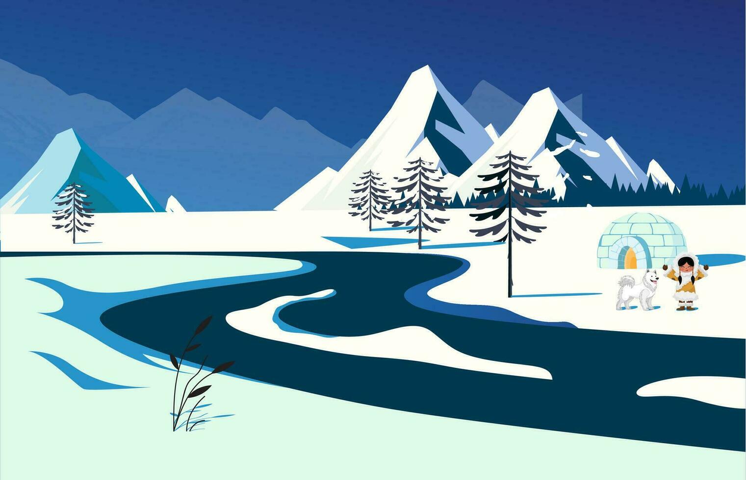 Cartoon Child Ethnic Eskimo and Her Dog Play Together on Front Home. Vector Concept with Natural River and Mountain at Winter Season.