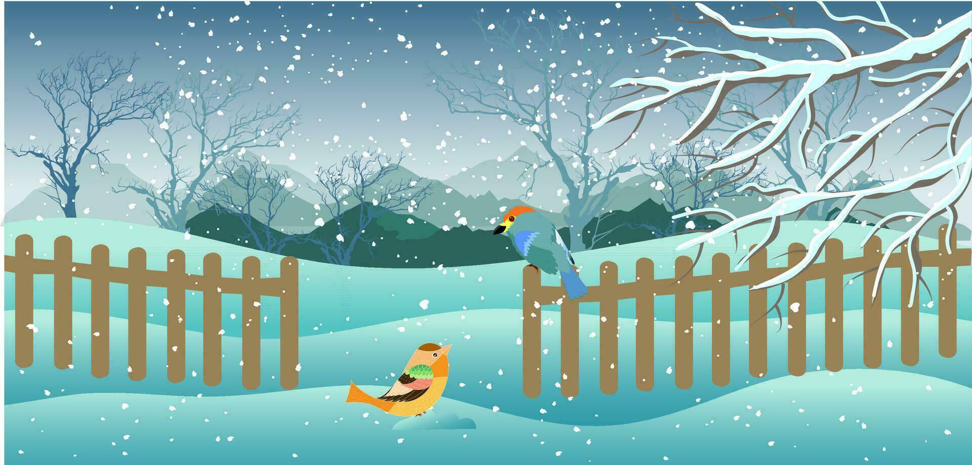 Vector Winter Landscape with Painting Snowfall Birds, Snow Covered Hills