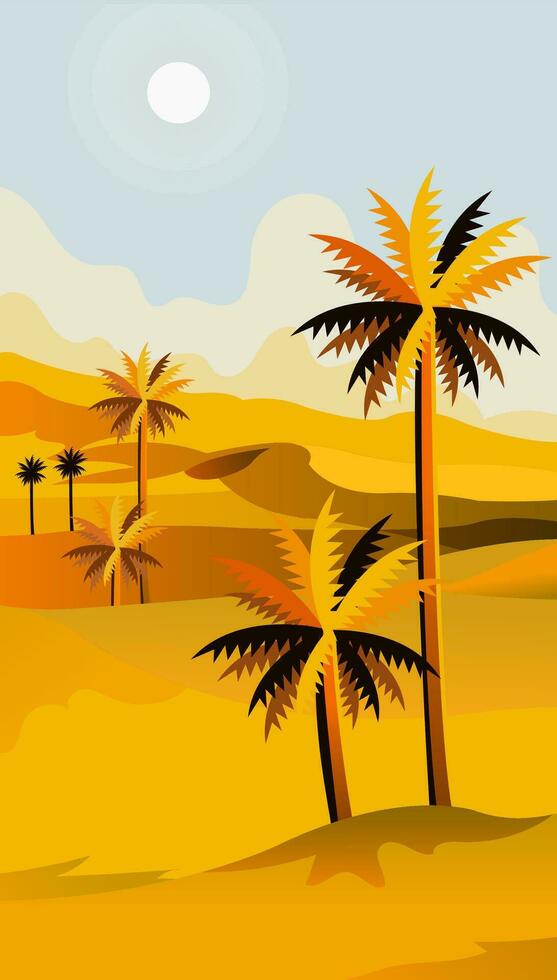 The effect of drought causes the soil to dry out. The leaves of coconut trees turn yellow due to the heat from the hot sun. Natural concept. Vector Illustration.