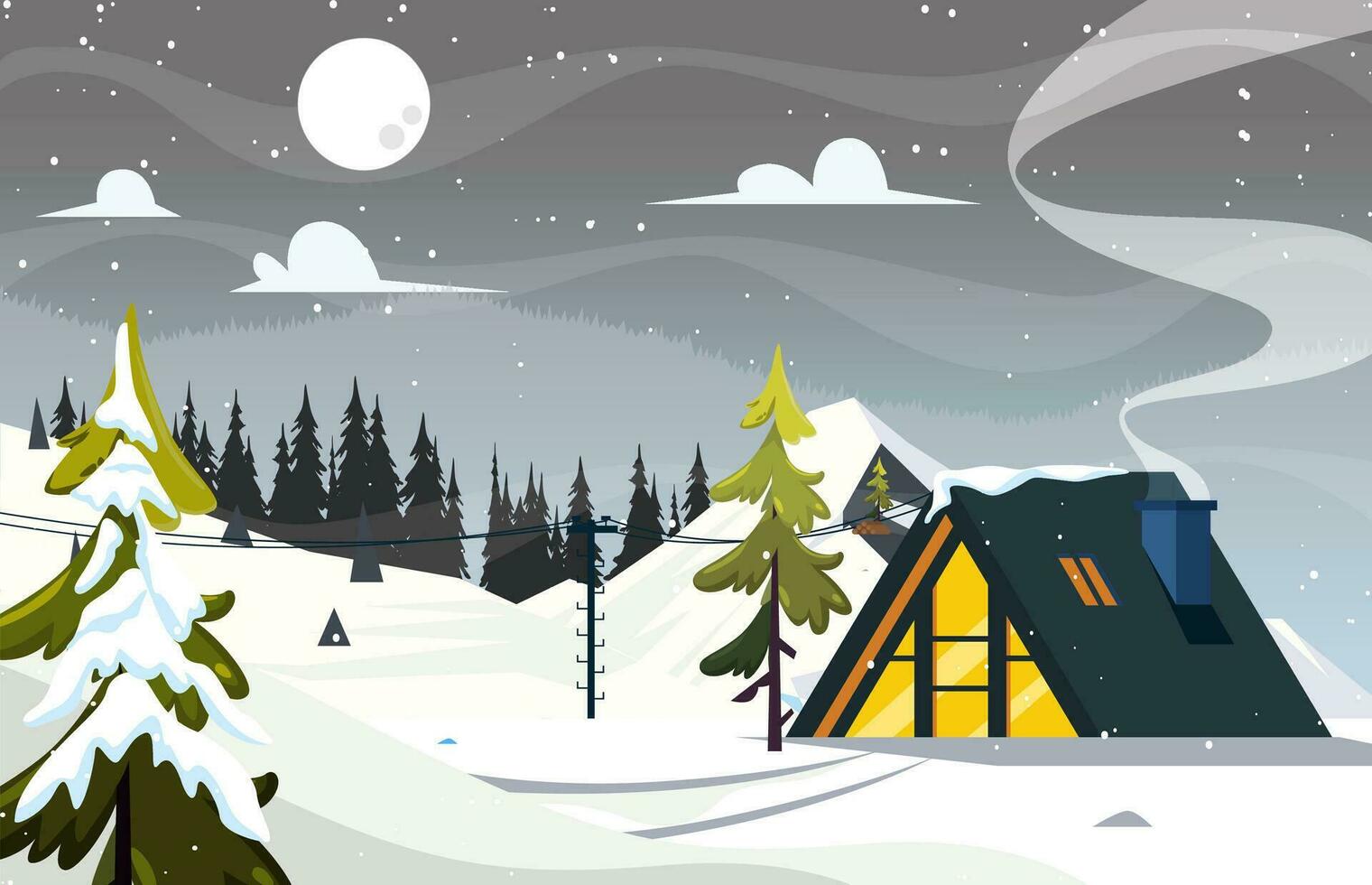 Night Winter Scenery Background, Snowy Mountains and House, Vector Illustrator on Winter Season