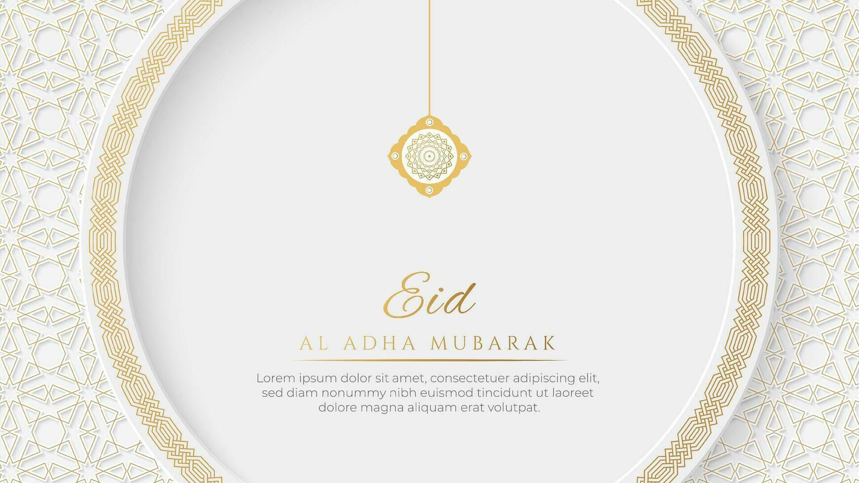 eid Mubarak Arábica elegante blanco y dorado lujo islámico ornamental circulo forma antecedentes con islámico modelo frontera y decorativo colgando ornamento vector
