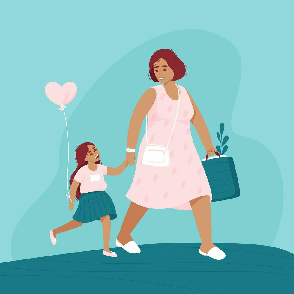 Mom and daughter walk holding hands vector