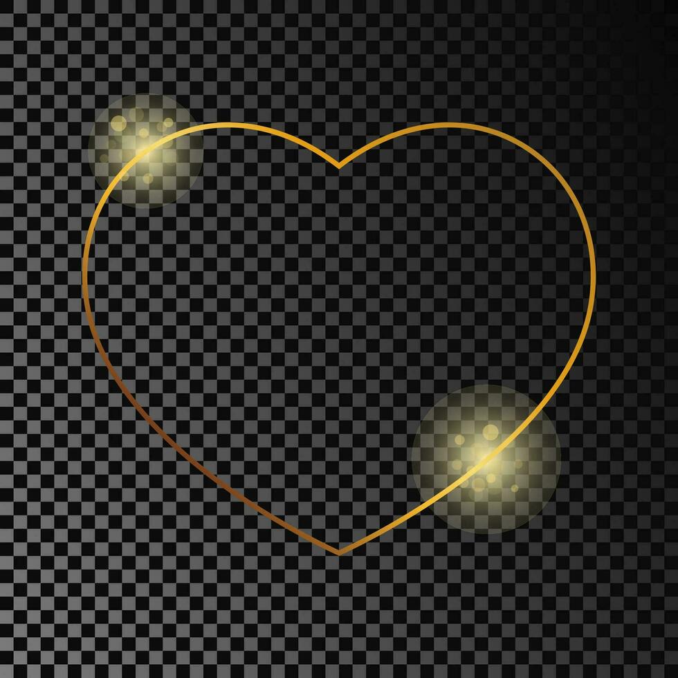 Gold glowing heart shape frame isolated on dark background. Shiny frame with glowing effects. Vector illustration.