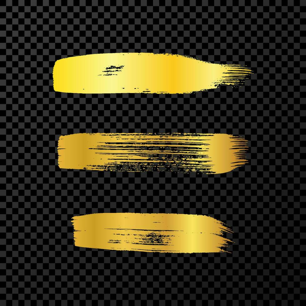 Gold grunge brush strokes. Set of three painted ink stripes. Ink spot isolated on dark background. Vector illustration