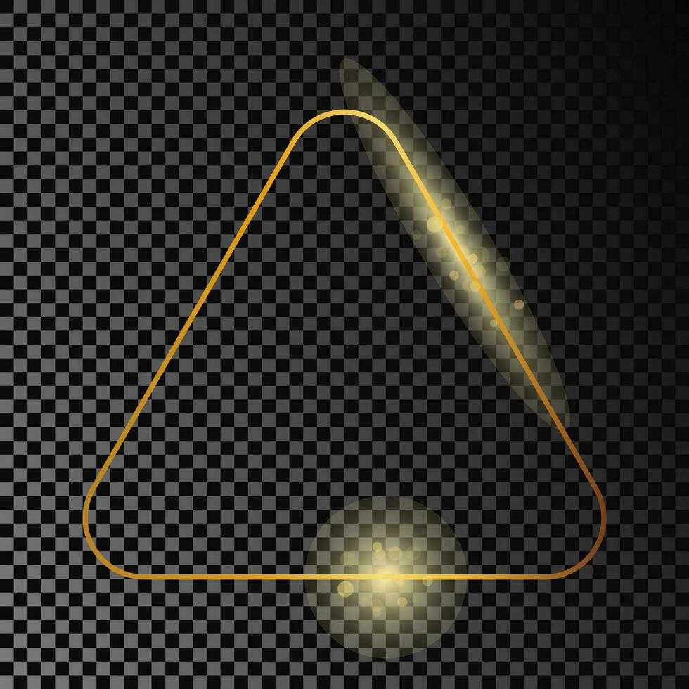 Gold glowing rounded triangle frame isolated on dark background. Shiny frame with glowing effects. Vector illustration.