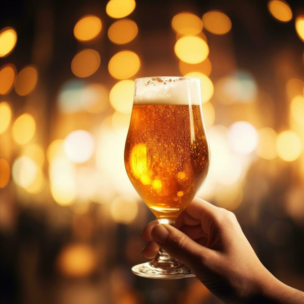 AI Generated Hand holding a glass of beer photo