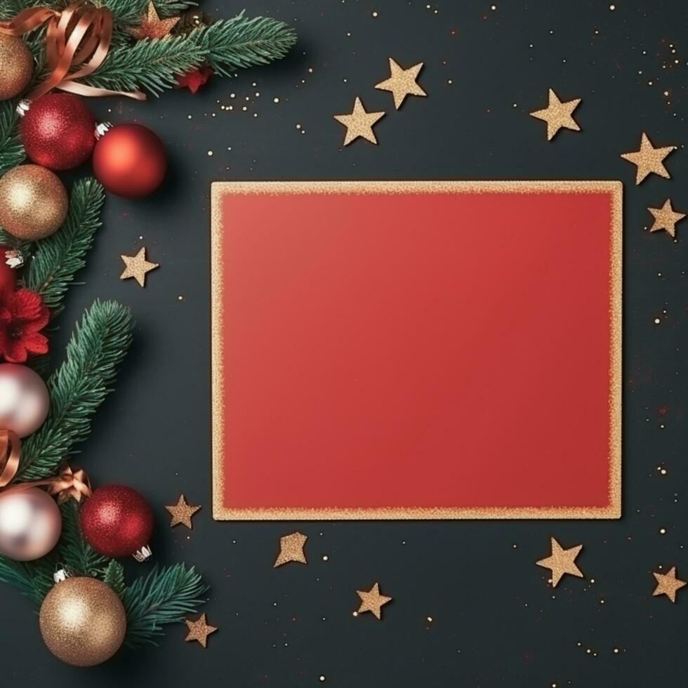 AI Generated Mockup of blank invitation greeting card on Christmas themed background. photo