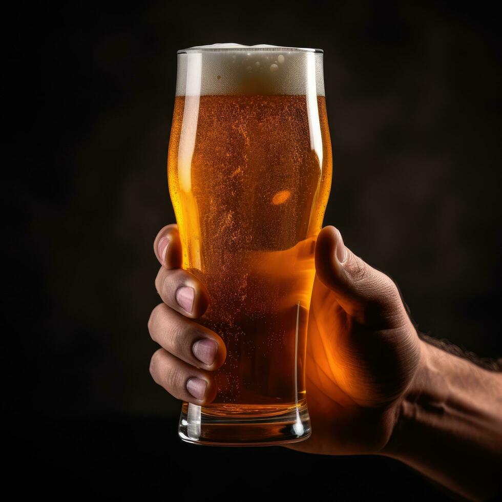 AI Generated Hand holding a glass of beer photo