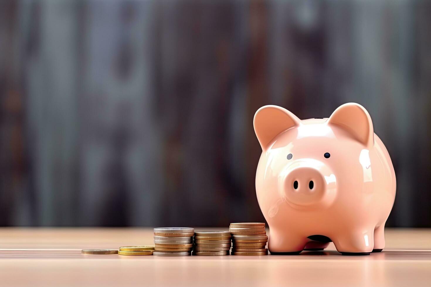 AI Generated Pig piggy bank and coins lined up photo