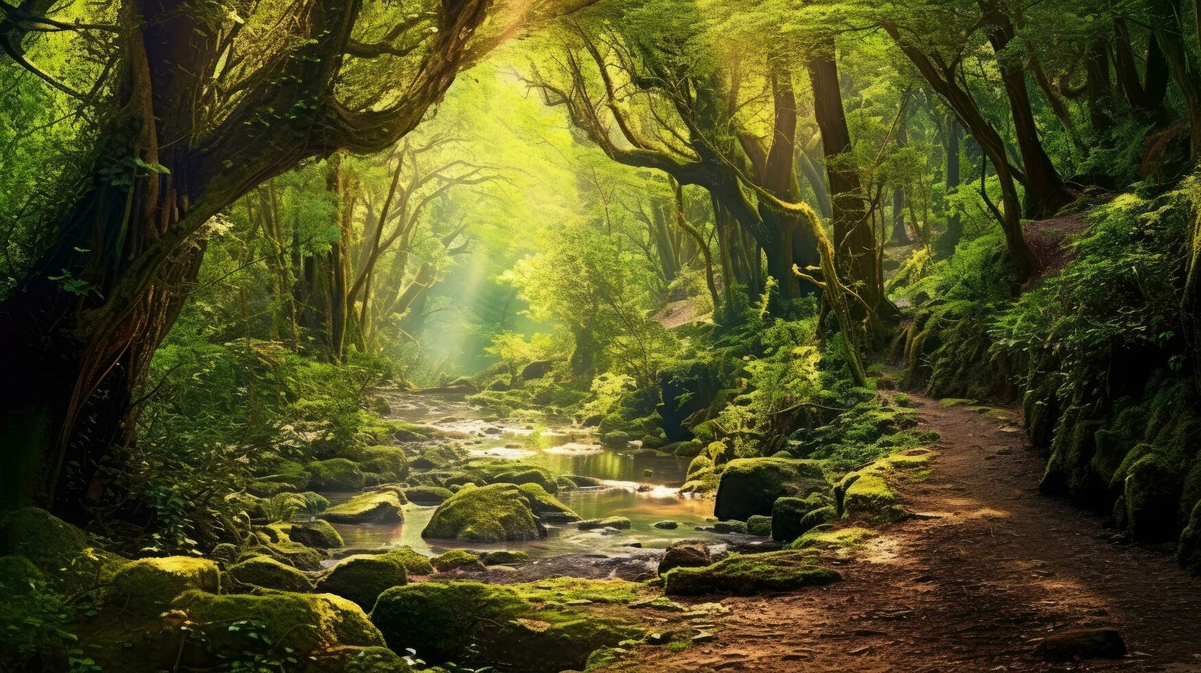 AI Generated A view of a lush evergreen forest with green moss clinging to rocks and a stream flowing through it photo