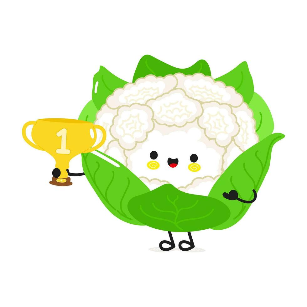 linda gracioso coliflor sostener oro trofeo taza. vector mano dibujado dibujos animados kawaii personaje ilustración icono. aislado en blanco antecedentes. coliflor con ganador trofeo taza