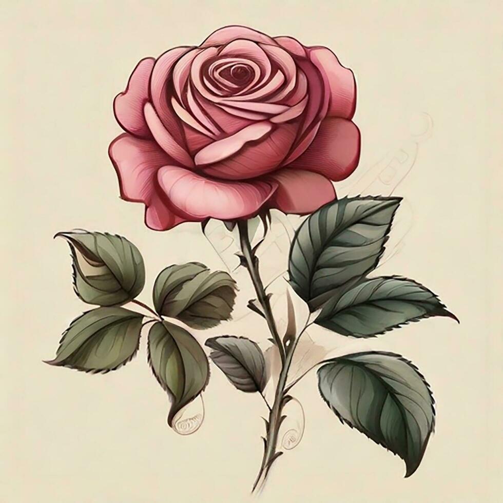 Delightful rose flowering plant as in vintage botanical illustration, victorian style on creamy paper background, photo