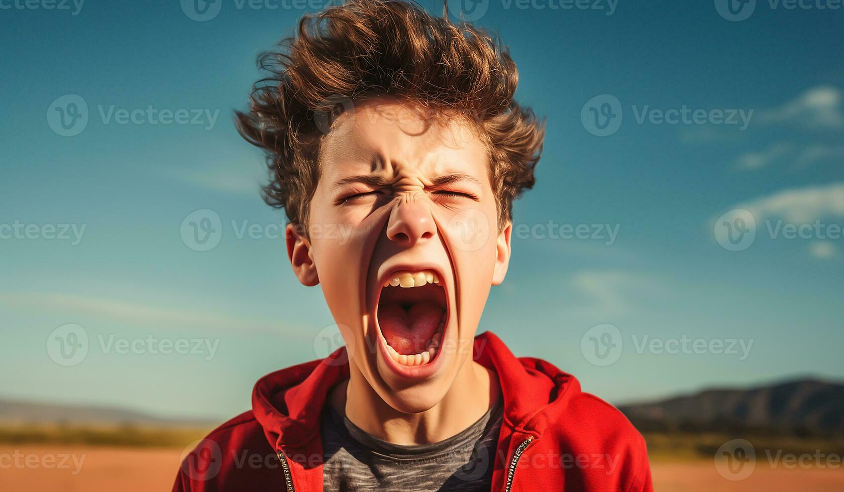 Teenager boy screaming in protest sign, isolated on colorful studio background. Ai generated photo