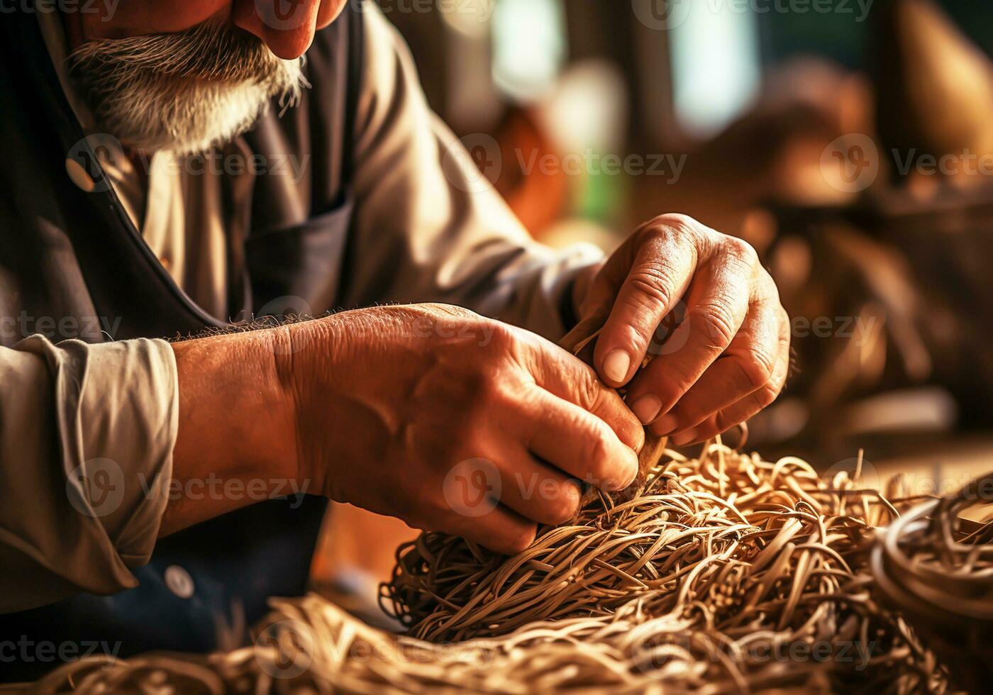 artesano trabajando en cestería, Paja canastas tradicional artesanía. hecho a mano. ai generado foto