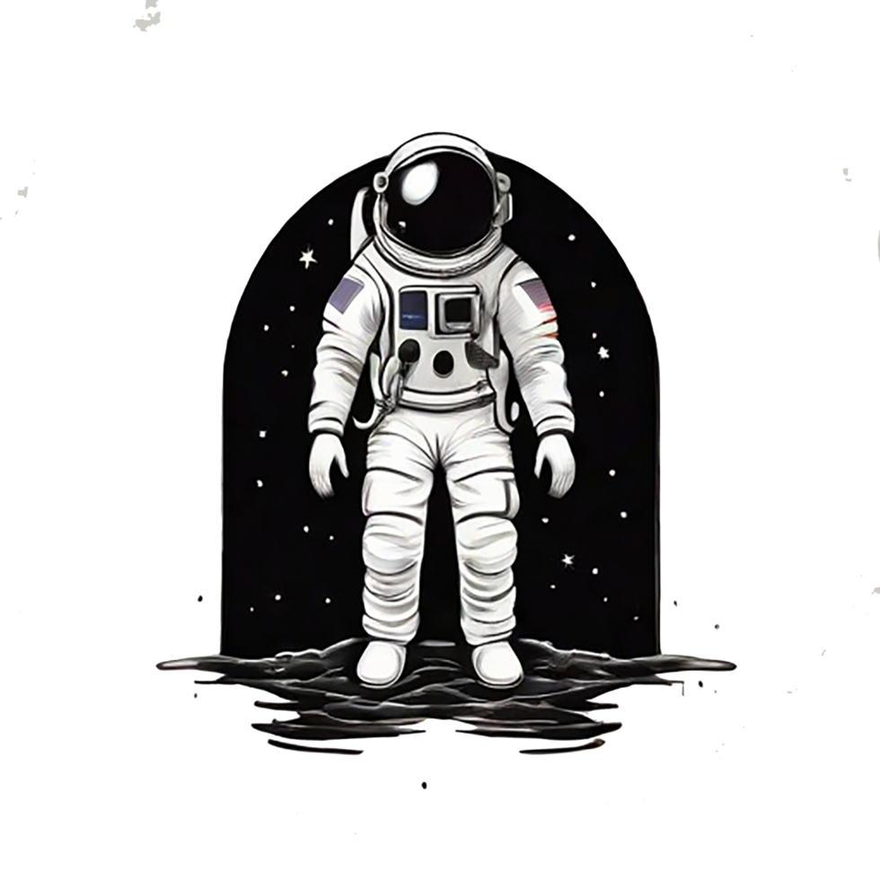 In the inky blackness of space, the silhouette of a solitary astronaut floating, graphic tshirt vector, contour,  white border background png