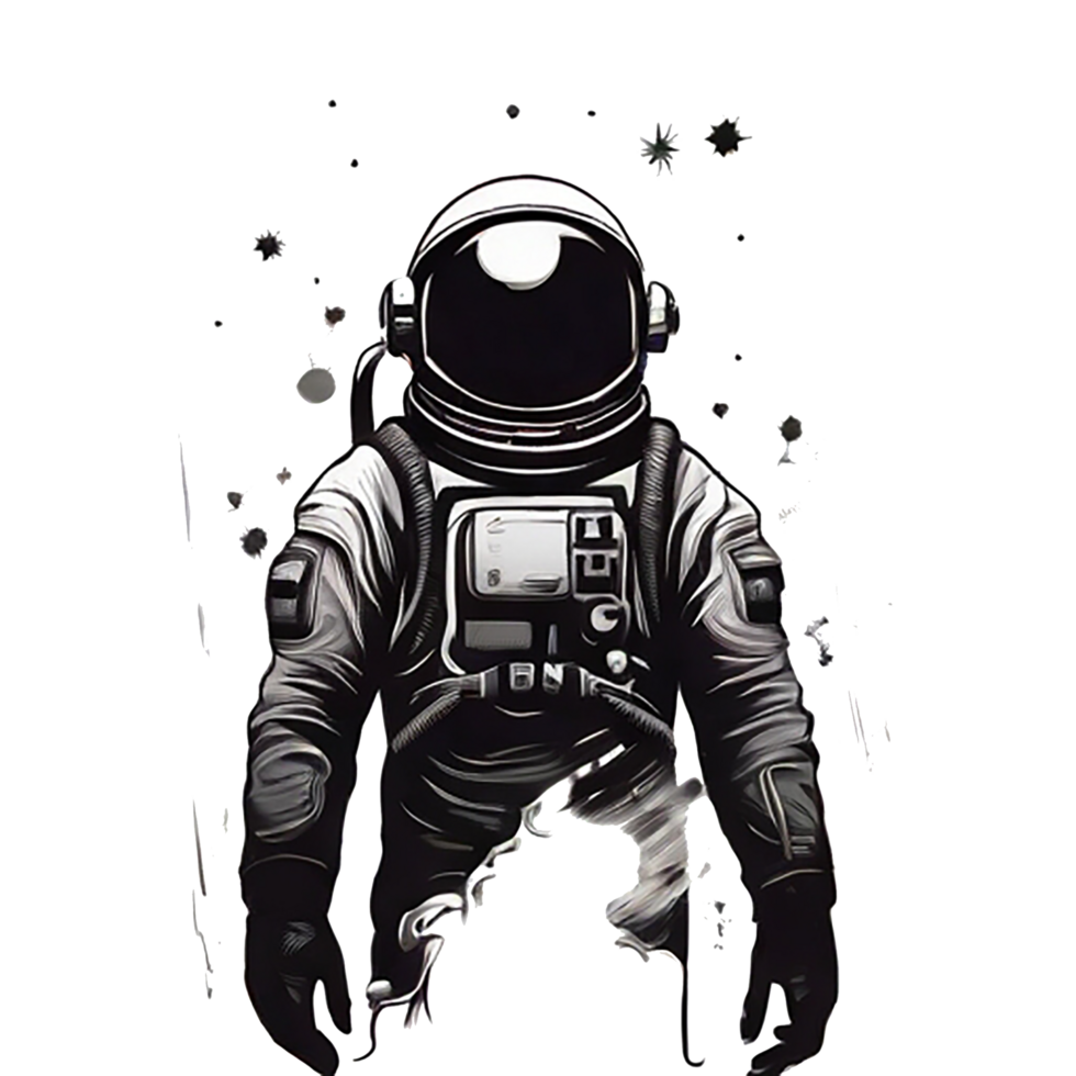 In the inky blackness of space, the silhouette of a solitary astronaut floating, graphic tshirt vector, contour,  white border background png