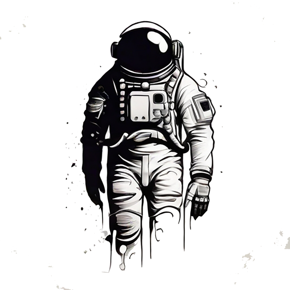 In the inky blackness of space, the silhouette of a solitary astronaut floating, graphic tshirt vector, contour,  white border background png