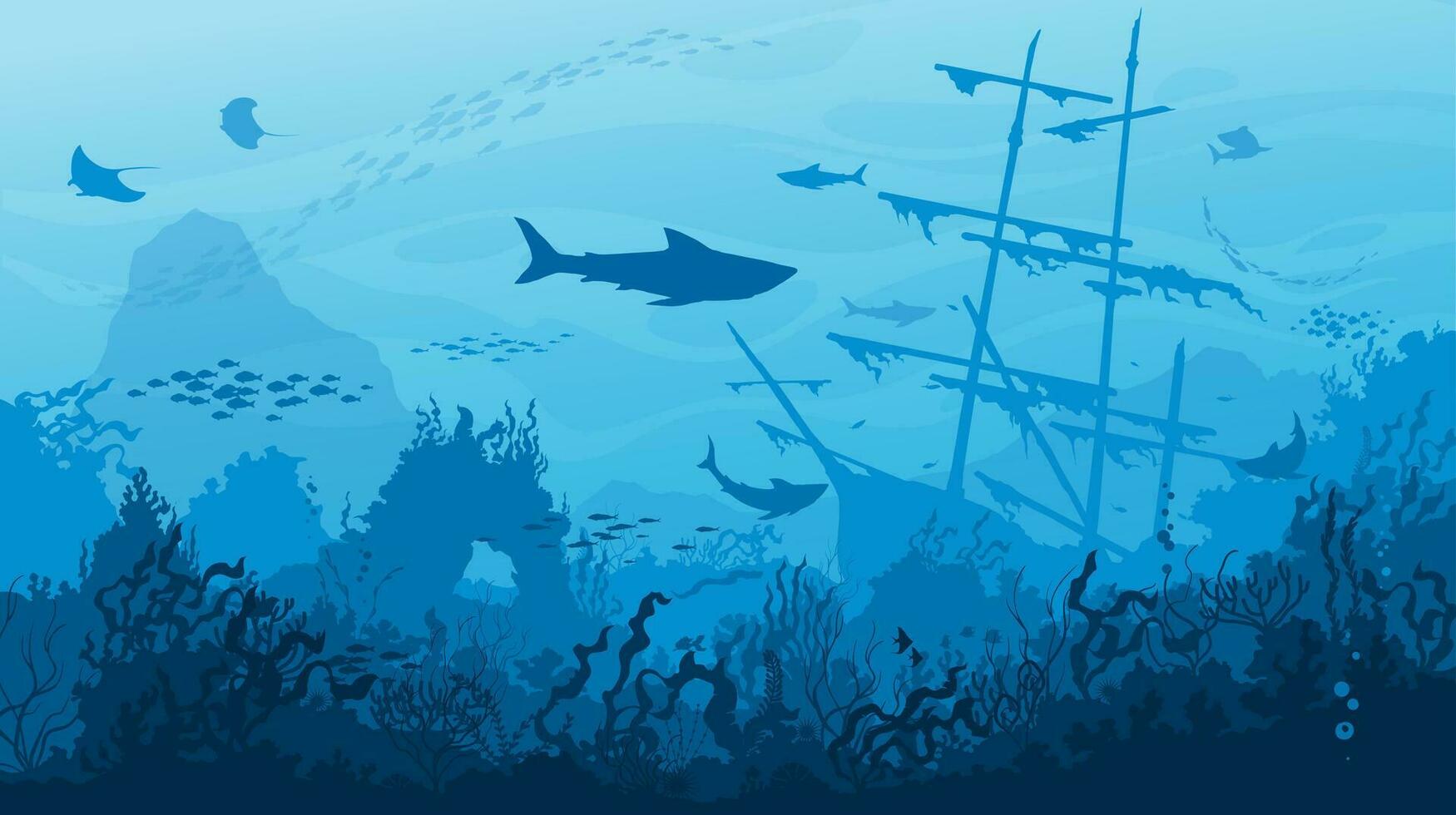 Sunken ship, sharks, fish, underwater landscape vector