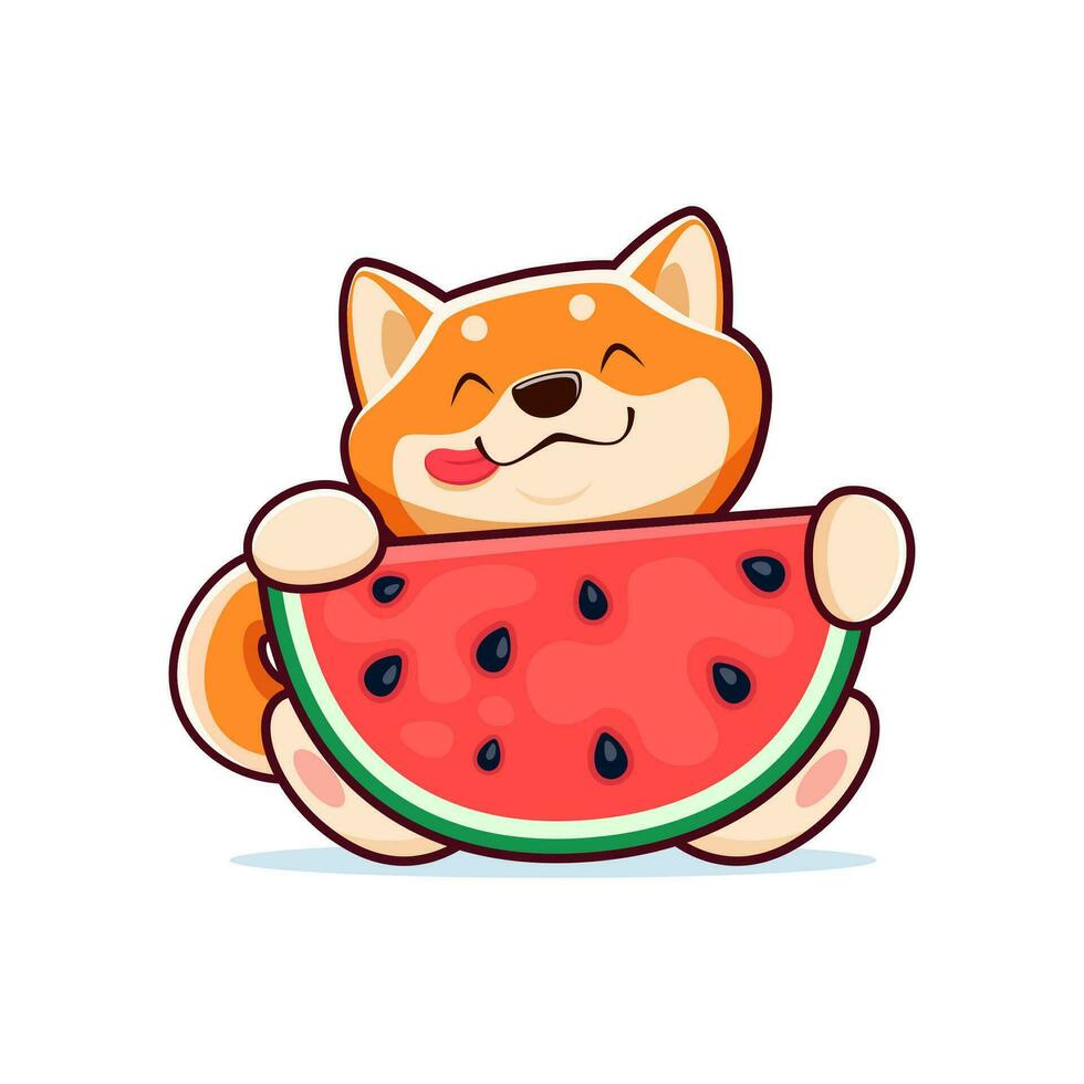 dibujos animados contento shiba inu perro comiendo sandía vector