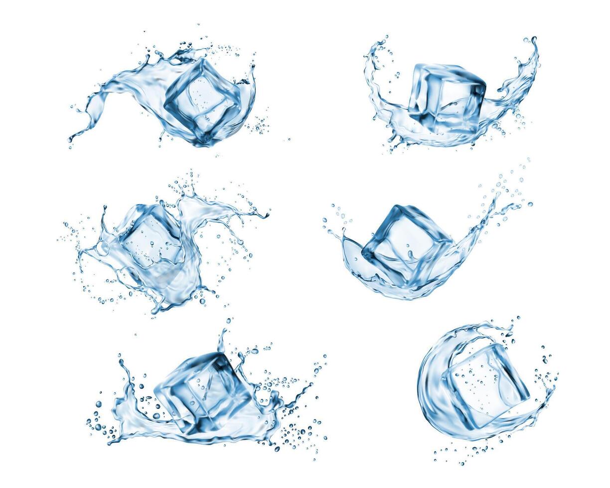 Ice cubes and water splash, vector crystal blocks 33083034 Vector Art at Vecteezy Ice cubes and water splash, vector crystal blocks