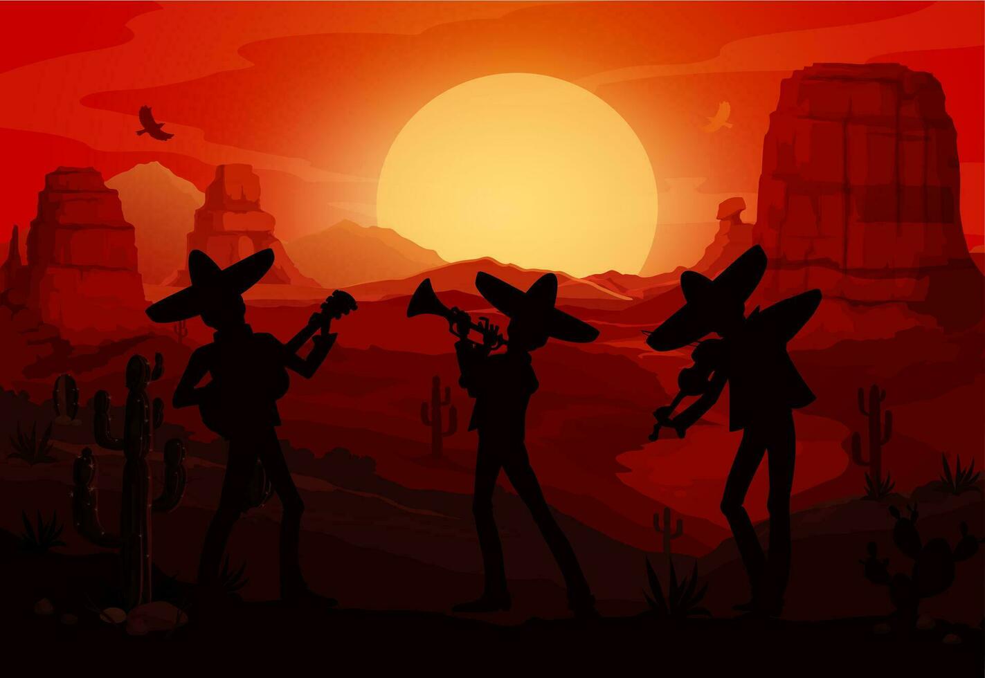 mexicano Mariachi músicos siluetas en Desierto vector