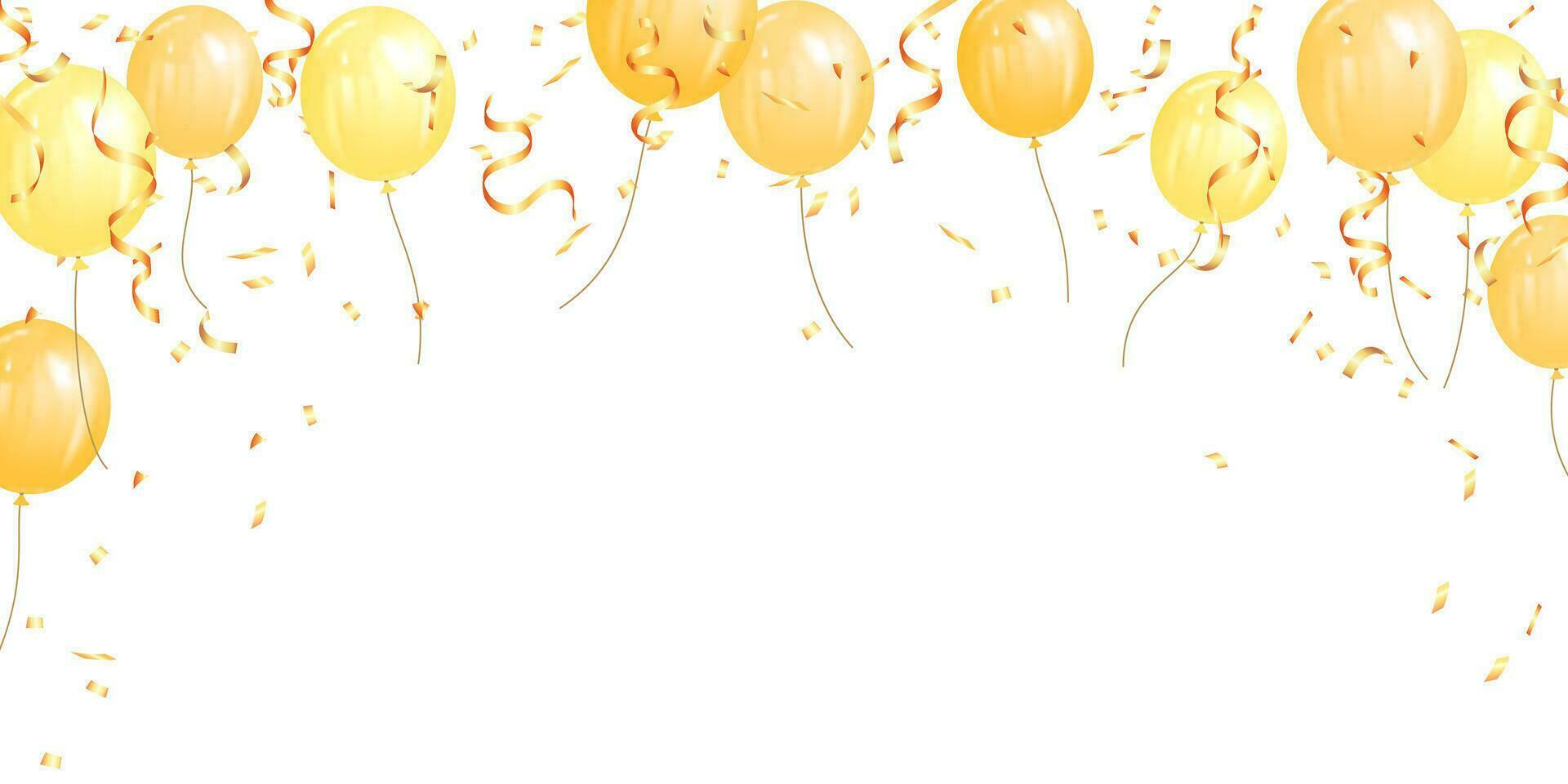 amarillo realista globos y dorado cinta bandera, plantilla, fondo, contento cumpleaños, celebracion y fiesta vector
