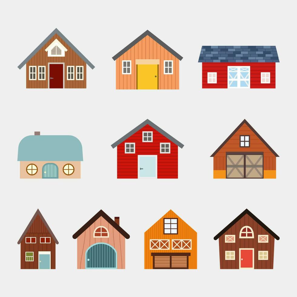 set of different types of houses and barn. isolated cartoon granary vector illustration in flat style