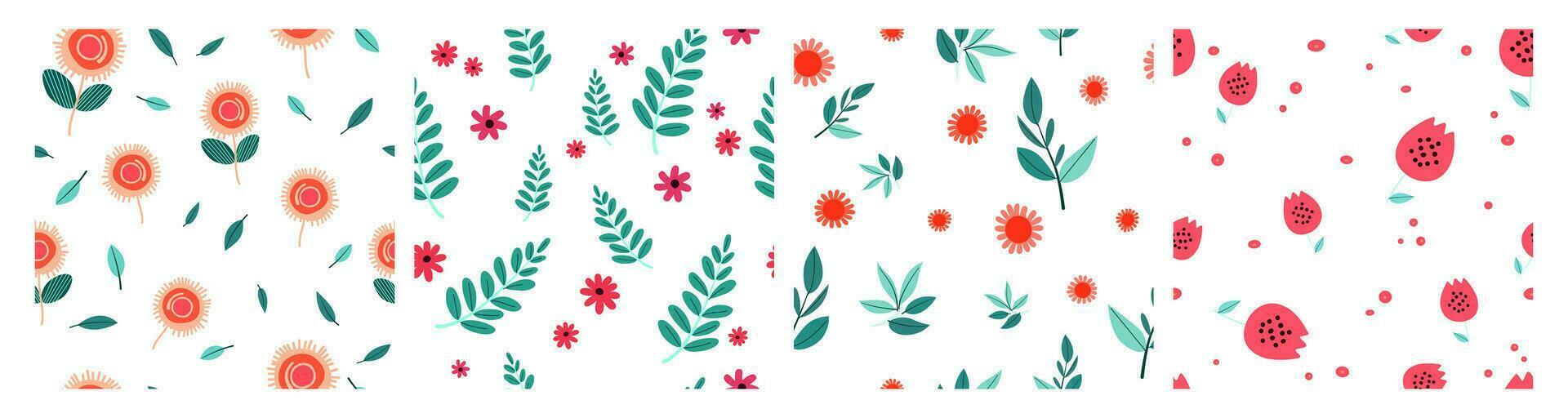 set of seamless floral patterns with flowers and leaves, exotic design for cover paper and fabric vector illustration