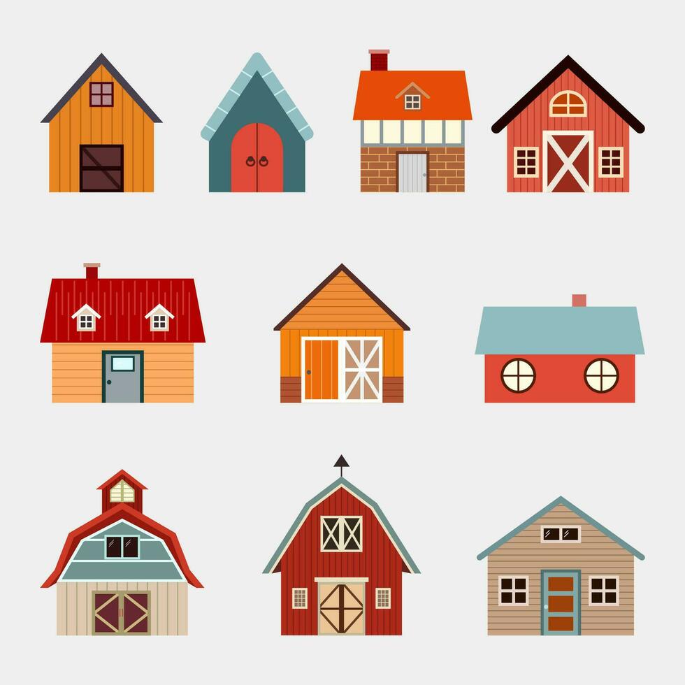 linda granja casas y granero íconos colocar. vector ilustración en plano estilo. aislado dibujos animados granero colección