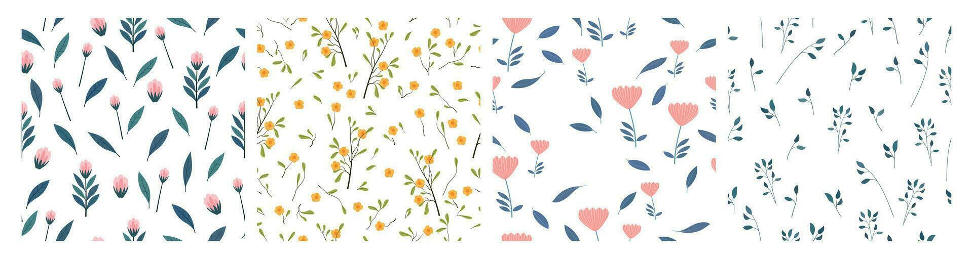 set of floral seamless patterns. hand drawn flowers, leaves and branches vector