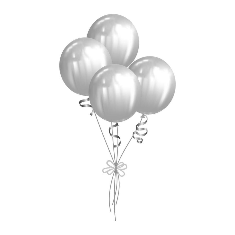 bouquet bunch of realistic silver balloons and ribbons vector illustration for card, party, design, decor, banner, web, advertising