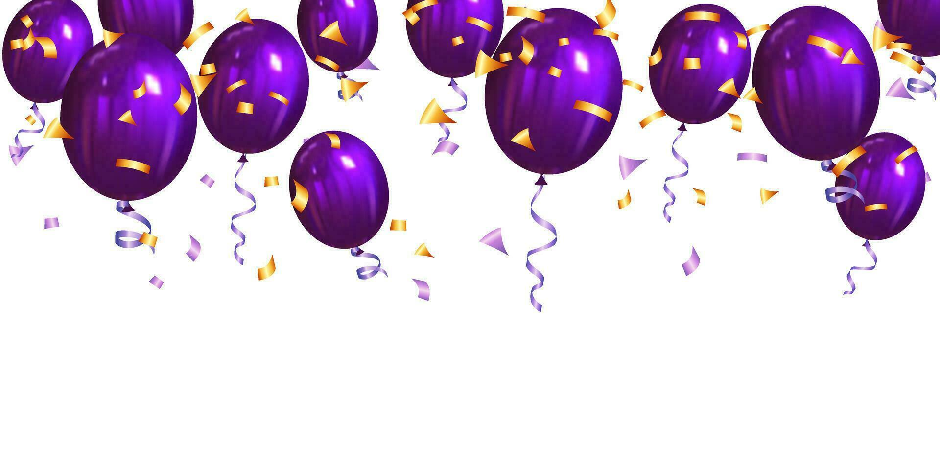 púrpura globos con cintas y oro papel picado. vector ilustración