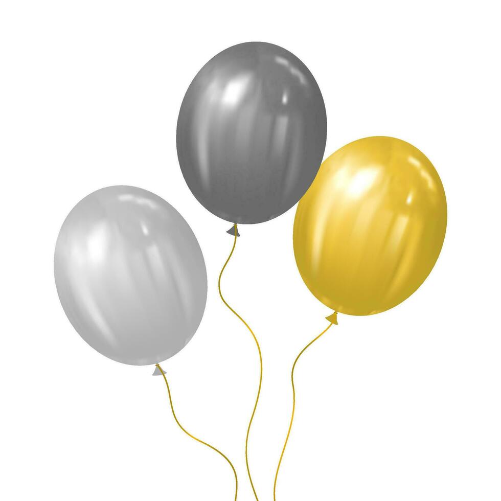 illustration set of golden and silver balloons for birthday and party flying balloon with rope vector